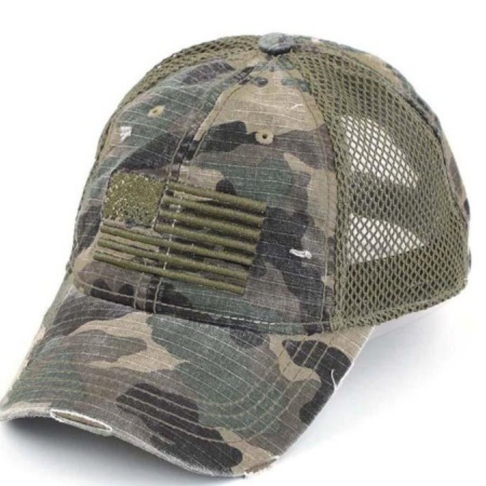 C.C Distressed Camo Baseball Cap With Embroidered USA Flag and mesh back
